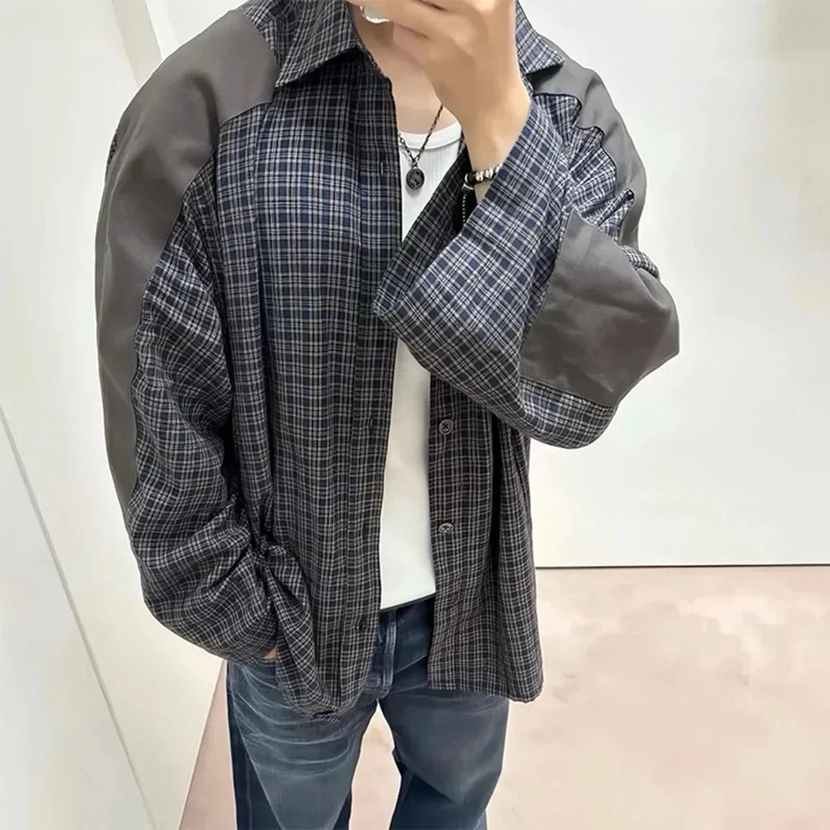 Bonsir Harajuku Patch Contrast Color Checkered Shirts for Men and Women Turn-down Collar Oversized Casual Long Sleeve Fall Plaid Shirt