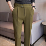 Bonsir British Style Summer New High Waist Casual Pant Men With Elastic Waistline Design Suit Pants Social Wedding Party Formal Pants