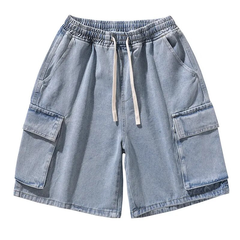 Bonsir Korean Summer Men's Wide Leg Denim Shorts New Fashion Loose Casual Elastic Waist Large Pocket Work Shorts Men's Brand Clothing