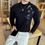 Bonsir Ink Painting Printed T-shirt Men's Autumn Winter Half High Collar Velvet Slim Fit Long Sleeve Tee Warm Casual Base Inner TShirts