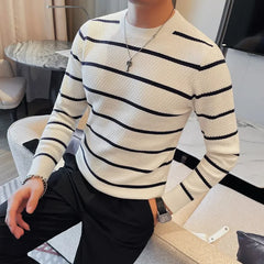 Bonsir Men High Quality Winter Basic Round Neck Sweaters Casual Soft Warm Long Sleeve Sweater Korean Knitted Stripe Pullover 4XL-M