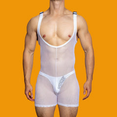 Bonsir Mens sexy tight-fitting solid color mesh see-through jumpsuit shaping breathable sexy suspenders home underwear for men