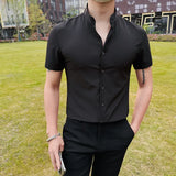 Bonsir Men's Summer Fashion Stand Collar Business Casual Short Sleeve Shirt Luxury Slim Fit Solid Dress Shirt Brand Men Clothes 5XL-M