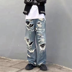 Bonsir Distressed Washed Blue Baggy Wide Leg Jeans for Men and Women Frayed Casual Denim Trousers Oversized Loose Cargo Pants