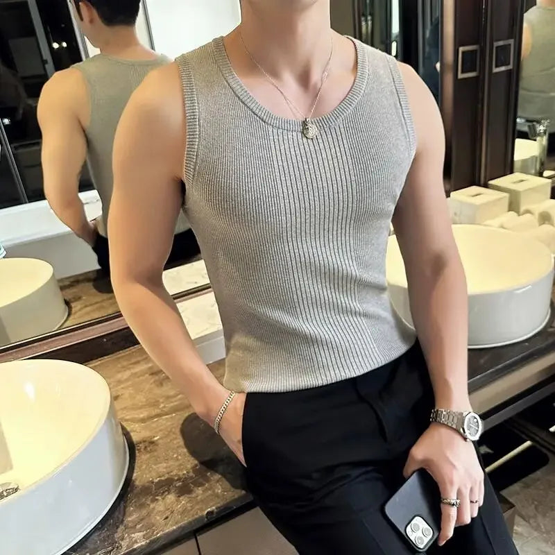 Bonsir Knitted Tank Top Men Sleeveless Tight Fit Sports T-shirt Fashion Stripe Slim Fit Versatile Round Neck Knitted Bottom Shirt Vests