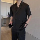 BONSIR  -  Summer Sets Men Fashion Double Breasted Short Sleeve Shirt/Trousers Two Piece Set Men Korean Loose Ice Silk Sets Mens Formal Set