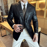 Bonsir High Quality Square Grid Double Breasted Leather Jacket Fashion Business Slim Fit Casual Men Suit Blazer Tuxedos Men Clothing
