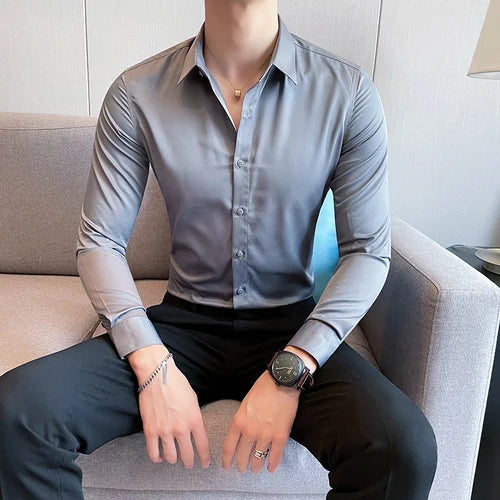 Bonsir 10Color High Quality Solid Dress Shirt Men Simple Long Sleeve Slim Fit Business Shirts Homme Social Casual Shirt Plus Size 5XL-M