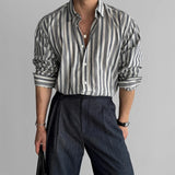 BONSIR  -  New Naples Business Men Shirts Light Luxury Textured Lapel Striped Long Sleeve Cardigan Leisure Premium Commuter Blouse M-2XL