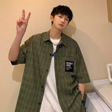 BONSIR  -  Summer Casual Plaid Short Sleeve Shirts for Men Retro Youth Casual All-match Streetwear Tops Korean Fashion Mens Shirt Coat