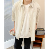 BONSIR  -  Men's Oversized Striped Casual Shirt - Korean Fashion Trend Short Sleeve Button-Down Collared Top  Stylish Layered Streetwear