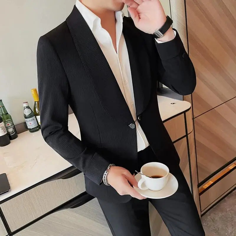 Bonsir Autumn New Men Single Button Suit Jacket Slim Fashion High Street Outwear Outfit Big Collar Design Wedding Social Tuxedo