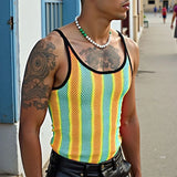 BONSIR  -  Men Tank Tops Striped Colorful See Through Mesh Male Vests Summer Sexy O-neck Sleeveless Fashion Men Clothing Tops 2025