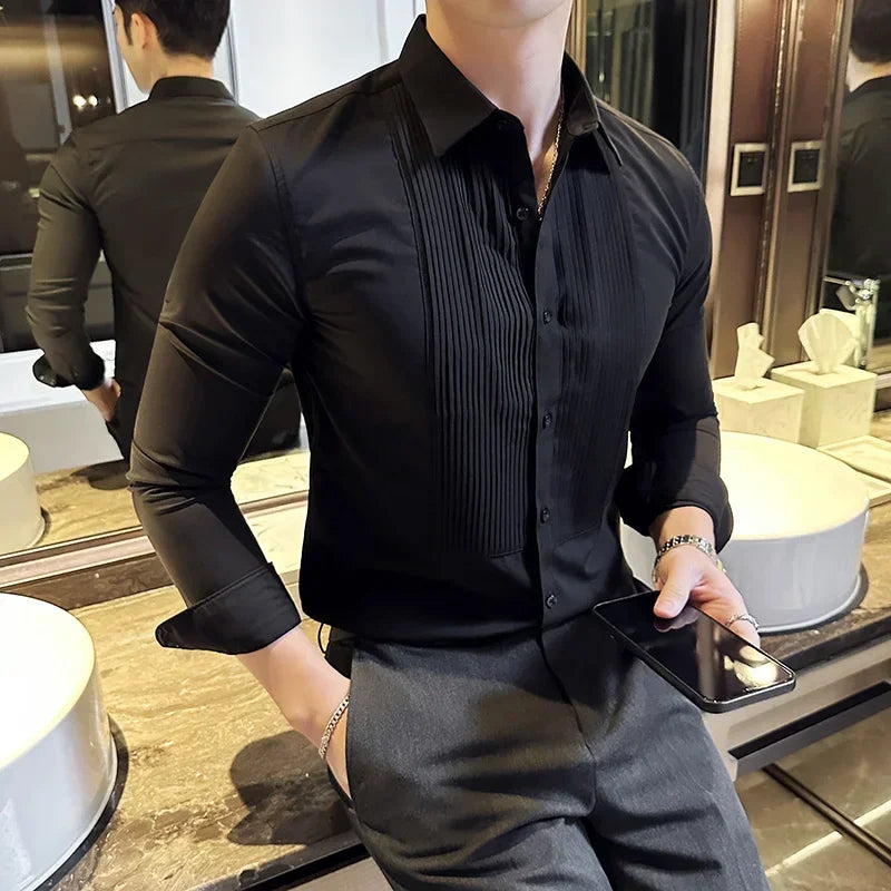 Bonsir Groom Wedding Party Dress Shirt Men's Fashion Pleated Design Slim Fit Shirt Men Formal Long Sleeved Social Business Tailcoat