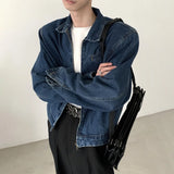 Bonsir Mens Autumn College Style Simple Y2k Niche Short Denim Jacket Fashion Youth Trend Retro Washed Shoulder Pad Cardigan Jacket Men