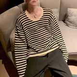 Bonsir Spring and Autumn Mens Y2K Retro Crochet Knitting Niche Stripe Design Hollow Long-sleeved Sweater Men's Round Neck Casual Tops