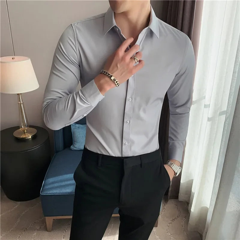 Bonsir Plus Size 7XL-S Men Shirt High Quality Fashion Solid Slim Fit Business Shirt Formal Casual Social Party Dress Men's Clothing