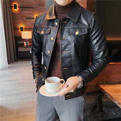 Bonsir Autumn New Oblique Zipper Leather Jacket Men Slim Fit Lapel Pu Leather Coat Streetwear Motorcycle Riding Uniform 3XL-M