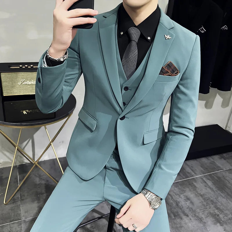 Bonsir (Jacket +Vest+Pants) New Mens Wedding Suits Groom Solid Color Formal Office Business Slim Fit Suit Tuxedos 3-Pieces Set