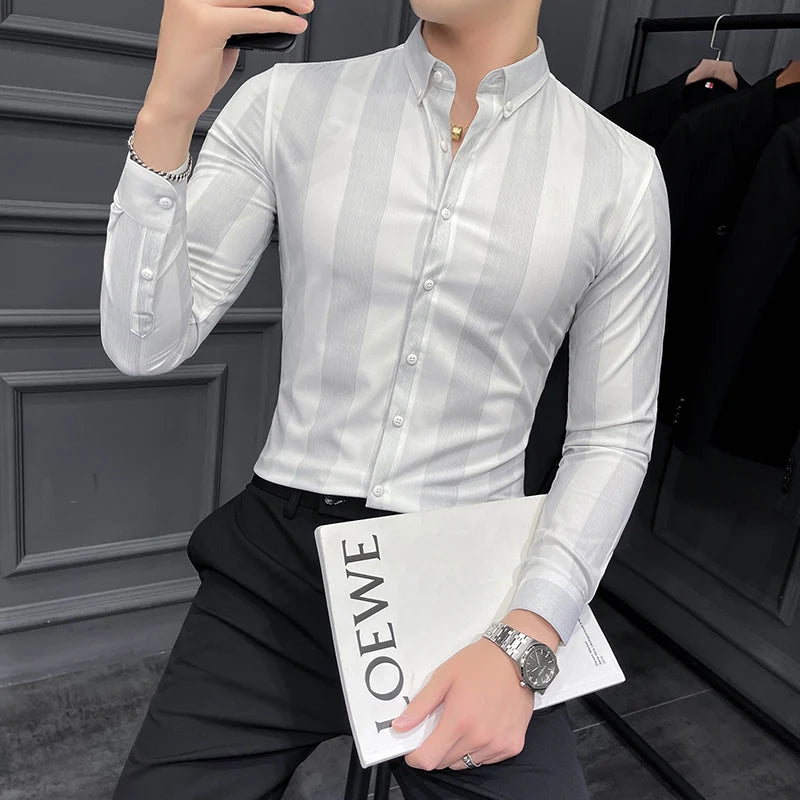 Bonsir Autumn New High Quality Striped Shirt Men Luxury Slim Fit Business Casual Shirt Formal Men Long Sleeve Party Prom Clothing Homme