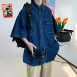 BONSIR  -  Summer Casual Denim ort Sve irt Men Versatile Trendy Waed Five Sve Workwear Jaet Loose Fit Multi ket Jeans