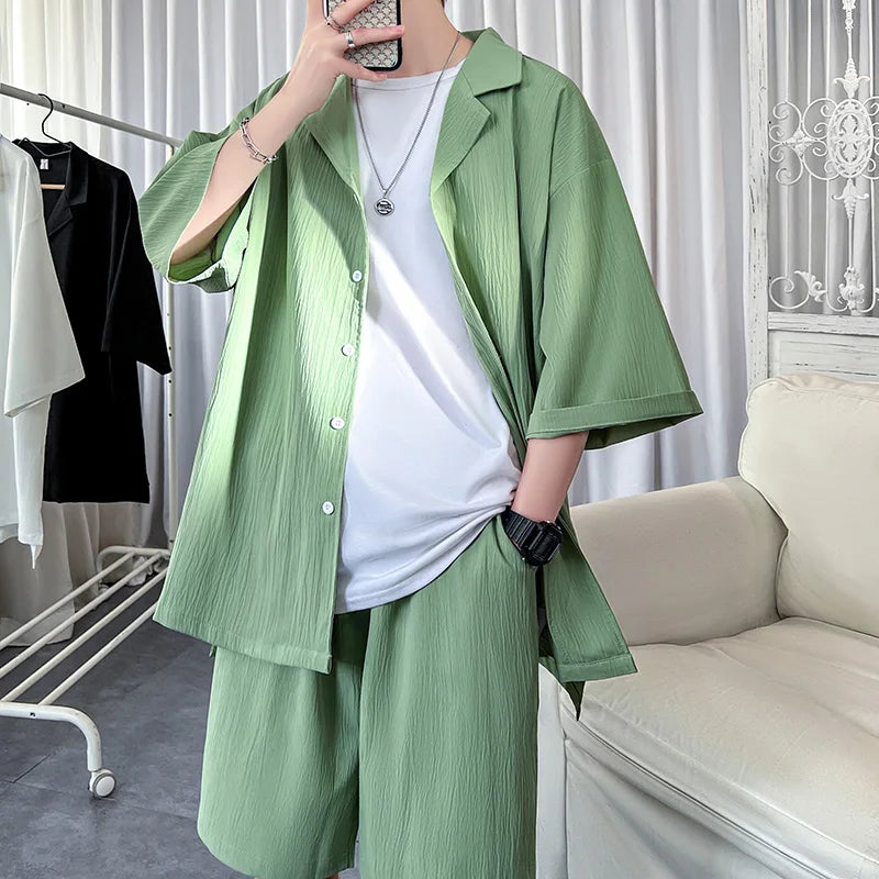 Bonsir Korean Style Men's Set Shirt+Shorts Solid Short Sleeve Top Matching Bottoms Summer Fashion Oversized Clothing Men