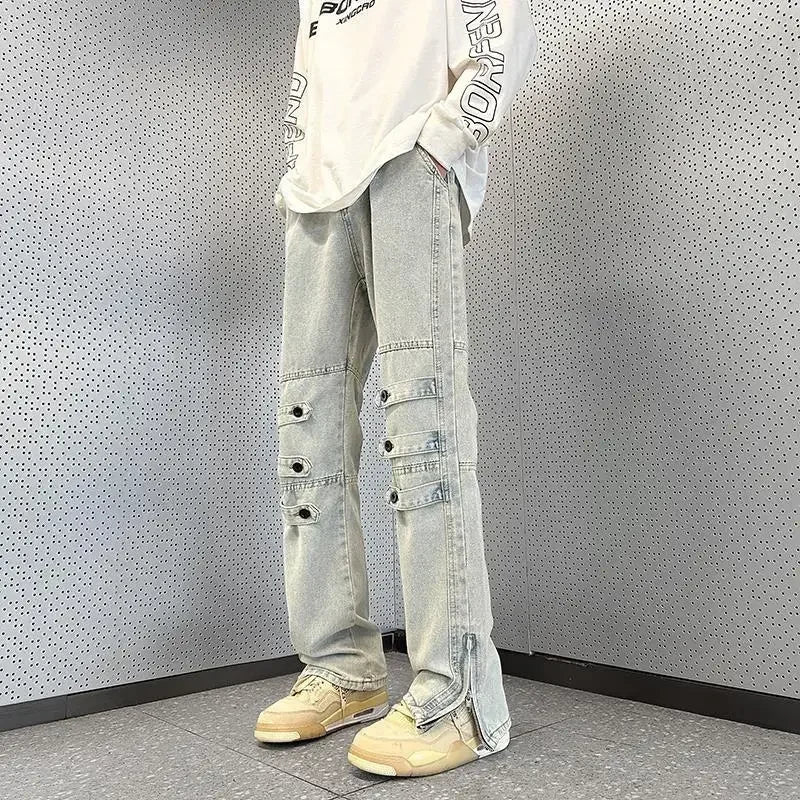 Bonsir Male Cowboy Pants with Slits Jeans for Men Flared Trousers Bootcut Zipper Punk Kpop Luxury Korean Style Stacked Retro Denim Soft