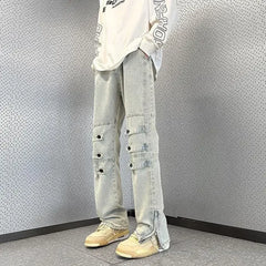 Bonsir Male Cowboy Pants with Slits Jeans for Men Flared Trousers Bootcut Zipper Punk Kpop Luxury Korean Style Stacked Retro Denim Soft