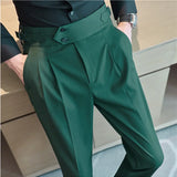 Bonsir British Autumn New High Waist Trousers Men Belt Design Slim Fit Suit Pants Office Social Wedding Party Formal Pants Hommes