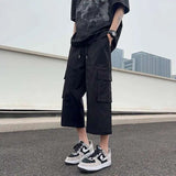 BONSIR  -  Summer Casual Pants Men Fashion Pocket Cargo Pants Men Japanese Streetwear Hip-hop Loose Wide Leg Pants Mens Cropped Pants
