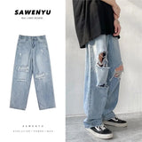 BONSIR  -  Spring Summer New Y2K Hole Fashion Straight Pants Man High Street Thin Style Personality Cowboy Cotton Ankle Length Pants