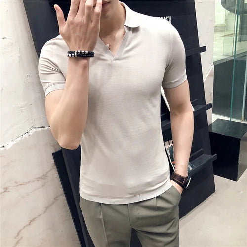 Bonsir Summer New V-neck Breathable Polo Shirt Men Clothing Fashion Short Sleeved Slim Fit  Solid Color Tee Tops Streetwear 4XL-M