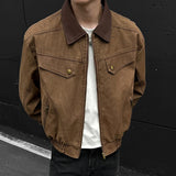 BONSIR  -  American Style Men Jacket Contrast Color Turn-down Collar Patchwork Washing New Autumn Silhouette Loose Male Coat 24K5356