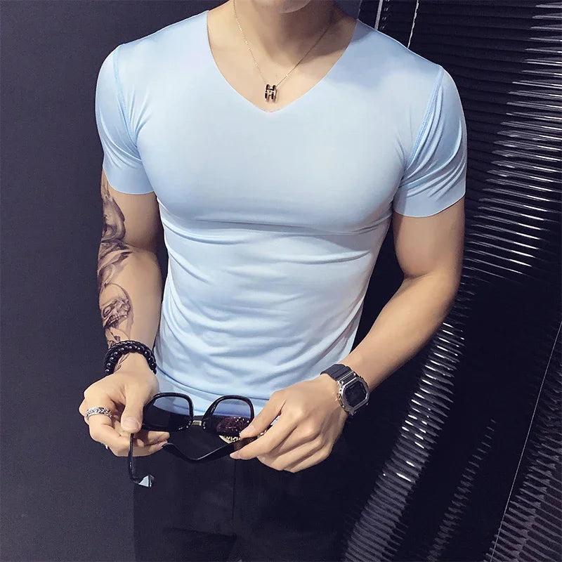 Bonsir New 5 Colors Short Sleeve T-Shirt Men Slim Fit Camiseta Masculina Social Club Outfits Solid Color Mens T Shirts Tee Shirt Homme