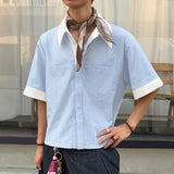 BONSIR  -  Men Shirt Summer Striped Patchwork Lapel Short Sleeve Men Clothing Streetwear Autumn 2025 Loose Korean Style Male Shirts