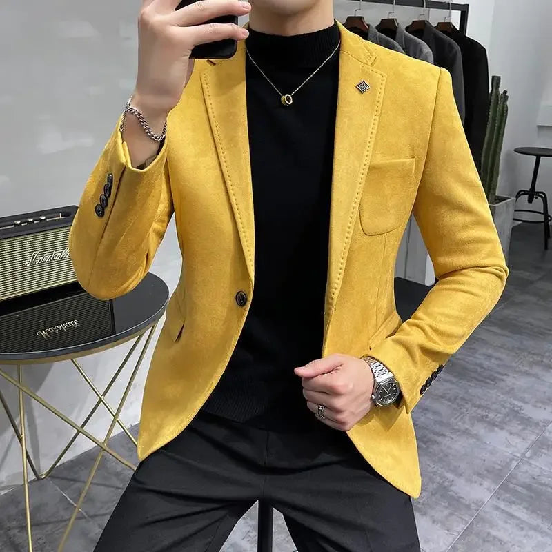 Bonsir Autumn Winter Velvet Blazers Jacket Men Business Slim Fit Casual Suit Coat High Quality Deerskin Fashion Men Suit Jacket