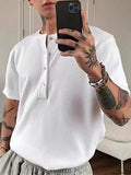 BONSIR  -  Fashionable Mens Henley Neck Shirts Knitting Solid Color Short Sleeve T Shirt Summer New Casual Buttoned Textured Men T-shirts