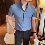 Bonsir Men's Summer Fashion Stand Collar Business Casual Short Sleeve Shirt Luxury Slim Fit Solid Dress Shirt Brand Men Clothes 5XL-M
