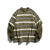 BONSIR  -  Fake Two Pieces Striped Sweatshirt Mens Vintage Long Sleeve T-shirt Pullover Oversized Harajuku Japan Style Casual Sweatshirt