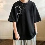 BONSIR  -  Cute Cat Printed Men's Short Sleeved T-shirt Korean Style Minimalist Waffle Style Male Tee Summer Round Neck Loose Top