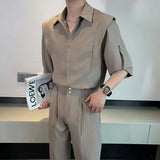 BONSIR  -  Summer Ice Silk Men's Suits Casual Short Sleeve Shirt And Pants Two-piece Set Ruffled  Handsome Draped Korean Style Loose Set