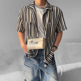 Bonsir Mens Shirts Striped Knitted Casual Tops Streetwear Fashion Beach Vacation Camping Short Sleeve Shirts Men'S Clothing Summer
