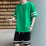 BONSIR  -  2 Pieces Men Shorts Set Summer Waffle Fabric Casual O Neck Half Sleeve T Shirt+Shorts Sets Oversize Loose Letter Print Tracksuit
