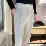 Bonsir British Style Men High Waist Casual Dress Pant Men Belt Design Slim Trousers Formal Office Social Wedding Party Dress Suit Pants