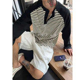 BONSIR  -  Men Color Block Raglan Sleeve Striped Long Sleeve T-Shirt Loose Fit Casual Top