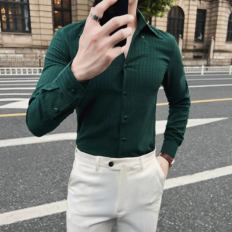 Bonsir Autumn Winter British Style V-neck Striped Shirt Men Slim Fit Casual Shirts Fashion Business Social Formal Dress Shirts 4XL