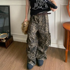 Bonsir Leopard Cargo Pants Men Y2K Parachute Oversize Wide Leg Trousers Male Streetwear Hip Hop Harajuku Animal Print