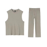 BONSIR  -  Fashion Solid Two Piece Suits Men‘s O-Neck Sleeveless Tops And Pants Outfits Men Summer New Casual Simplicity Solid Rib Sets
