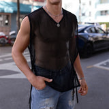 BONSIR  -  Streetwear Mens Mesh Tank Top Sexy Hollow Out See Through Mesh Camisoles Men Sleeveless V Neck Slim Lace-up Vest Tops Nightclub