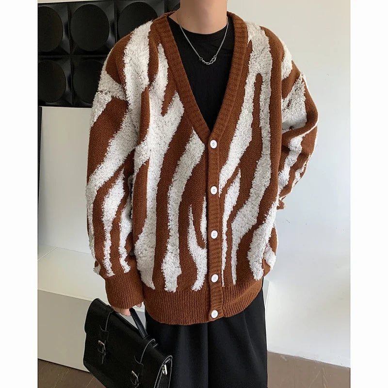 Bonsir Men Cardigan Pattern V-neck Loose Casual All-match Single Breasted Knitted Sweater Korean Style Ulzzang Autumn Outwear